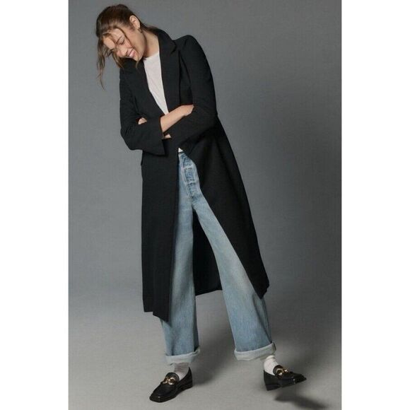 NWT ANTHROPOLOGIE Sz 0 MAEVE HOURGLASS TOPCOAT IN BLACK - Picture 2 of 4